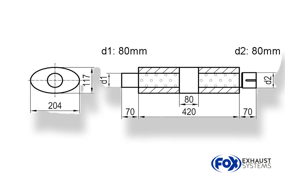 Fox Uni-Schalldämpfer Oval mit Kammer + Stutzen - Abw. 525 204x117mm, d1Ø 80mm (außen), d2Ø 80mm (innen), Länge: 420mm