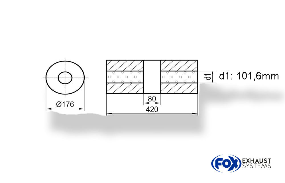 Fox Uni-Schalldämpfer rund ohne Stutzen mit Kammer - Abw. 556 Ø 176mm, d1Ø101,6mm (außen), Länge: 420mm