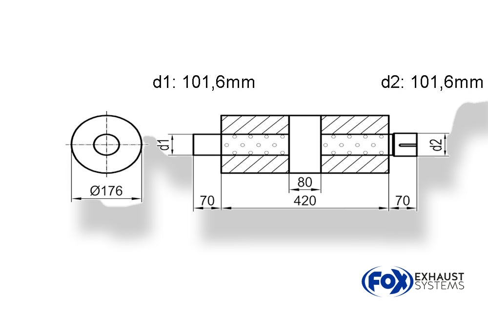 Fox Uni-Schalldämpfer rund mit Kammer + Stutzen - Abw. 556 Ø 176mm, d1Ø 101,6mm (außen), d2Ø 101,6mm (innen), Länge: 420mm