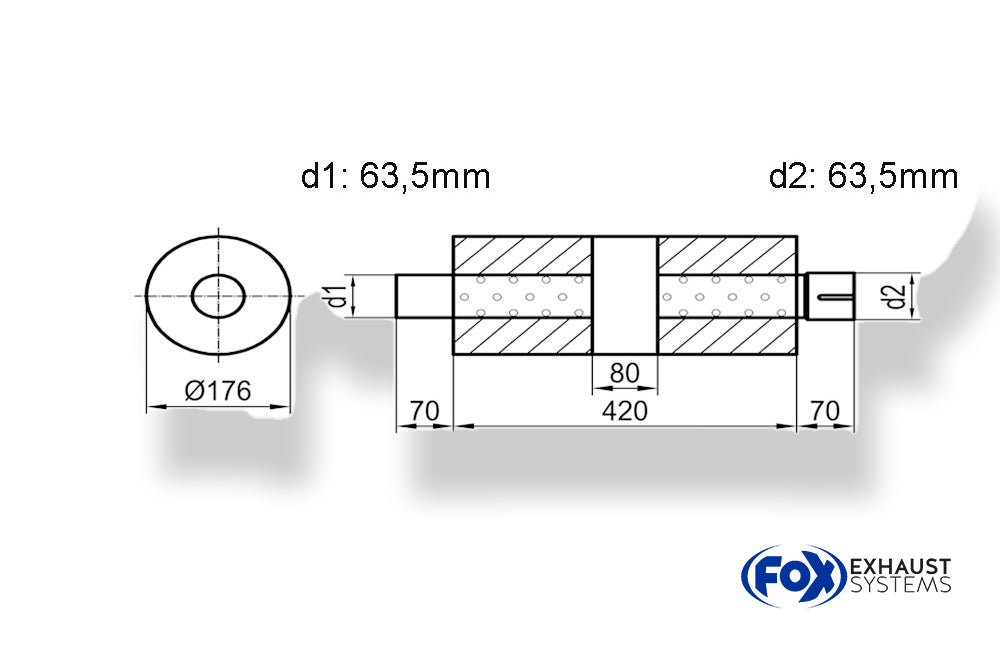 Fox Uni-Schalldämpfer rund mit Kammer + Stutzen - Abw. 556 Ø 176mm, d1Ø 63mm (außen), d2Ø 63mm (innen), Länge: 420mm
