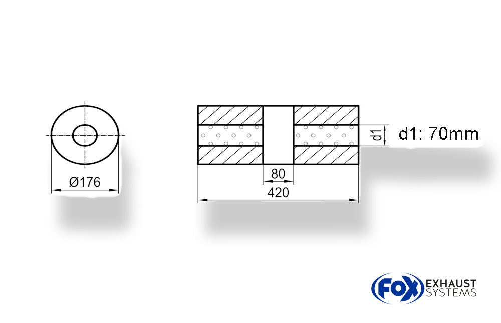 Fox Uni-Schalldämpfer rund ohne Stutzen mit Kammer - Abw. 556 Ø 176mm, d1Ø70mm (außen), Länge: 420mm