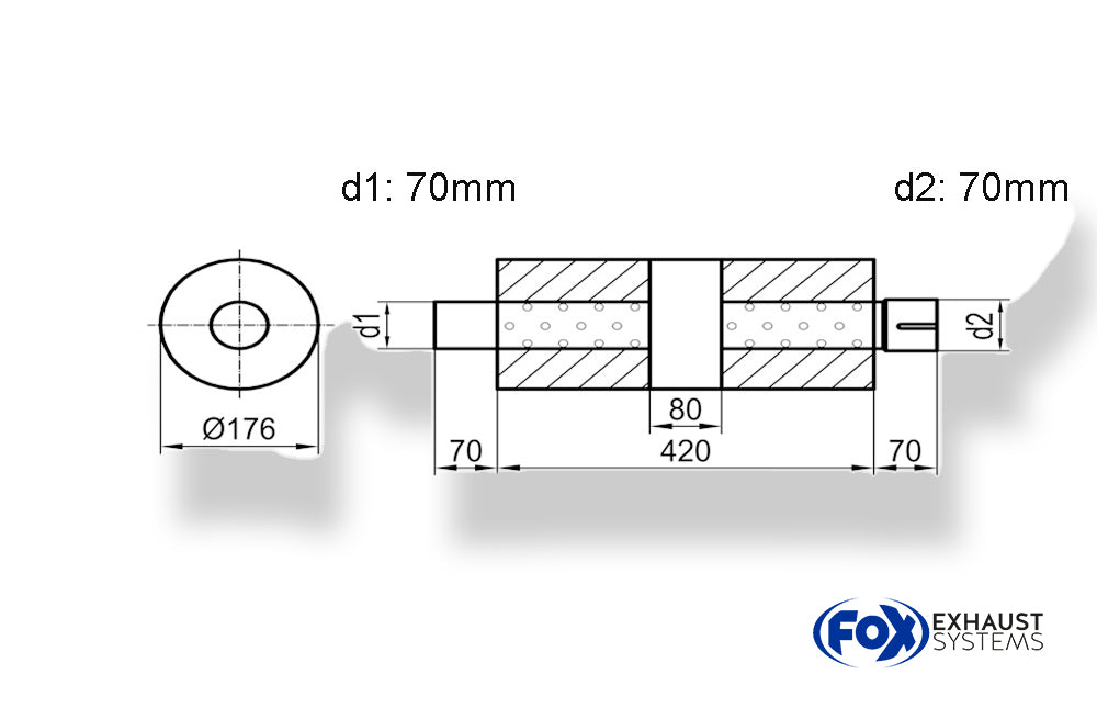 Fox Uni-Schalldämpfer rund mit Kammer + Stutzen - Abw. 556 Ø 176mm, d1Ø 70mm (außen), d2Ø 70mm (innen), Länge: 420mm