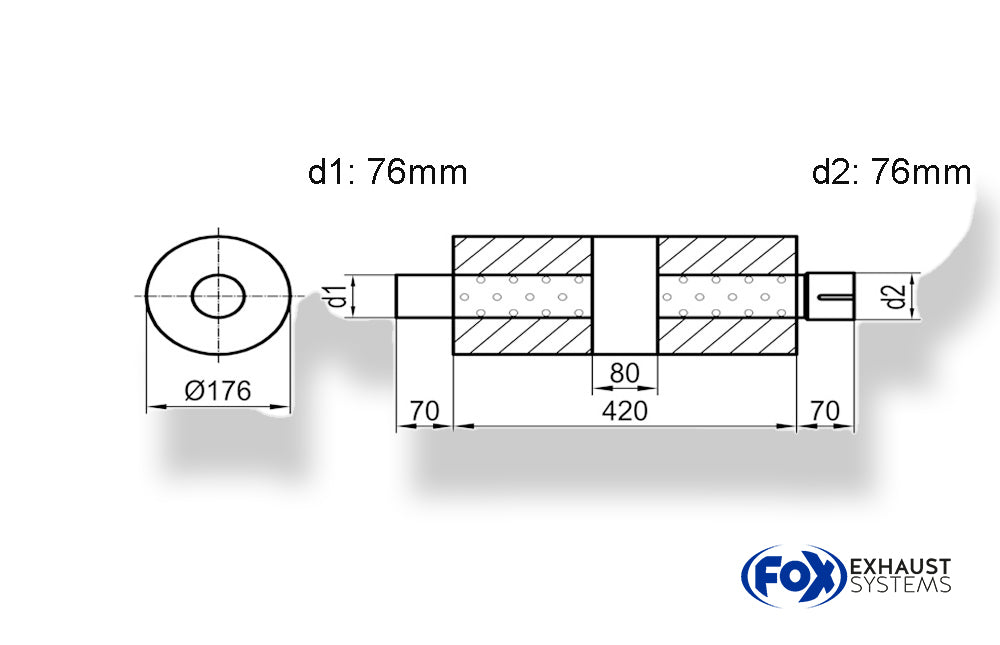 Fox Uni-Schalldämpfer rund mit Kammer + Stutzen - Abw. 556 Ø 176mm, d1Ø 76mm (außen), d2Ø 76mm (innen), Länge: 420mm
