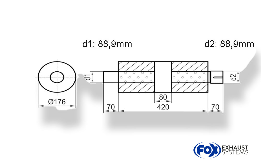 Fox Uni-Schalldämpfer rund mit Kammer + Stutzen - Abw. 556 Ø 176mm, d1Ø 88,9mm (außen), d2Ø 88,9mm (innen), Länge: 420mm