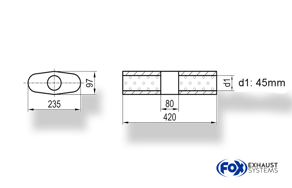 Fox Uni-Schalldämpfer Oval ohne Stutzen mit Kammer - Abw. 558 235x97mm, d1Ø 45mm (außen), Länge: 420mm