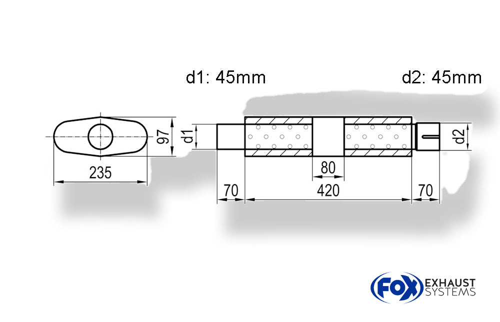 Fox Uni-Schalldämpfer oval mit Kammer + Stutzen - Abw. 558 235x97mm, d1Ø 45mm (außen), d2Ø 45mm (innen), Länge: 420mm