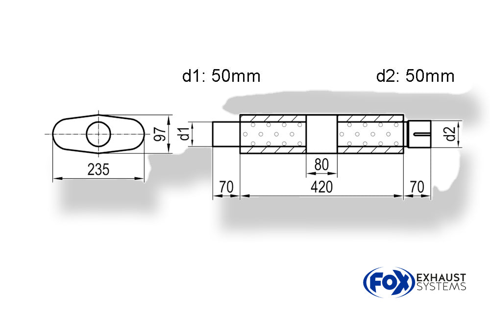 Fox Uni-Schalldämpfer oval mit Kammer + Stutzen - Abw. 558 235x97mm, d1Ø 50mm (außen), d2Ø 50mm (innen), Länge: 420mm