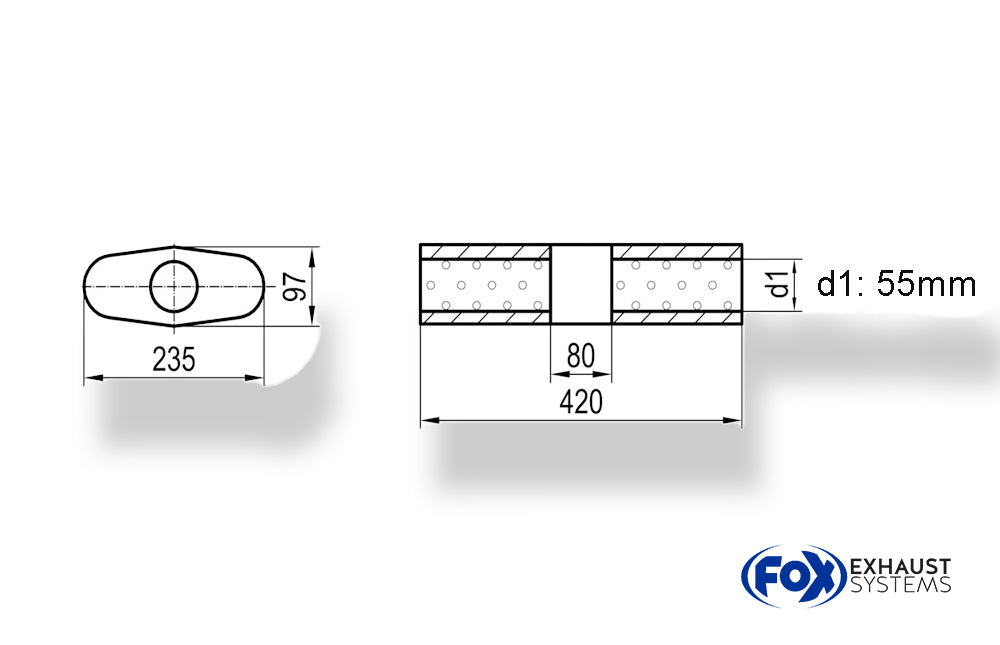 Fox Uni-Schalldämpfer Oval ohne Stutzen mit Kammer - Abw. 558 235x97mm, d1Ø 55mm (außen), Länge: 420mm