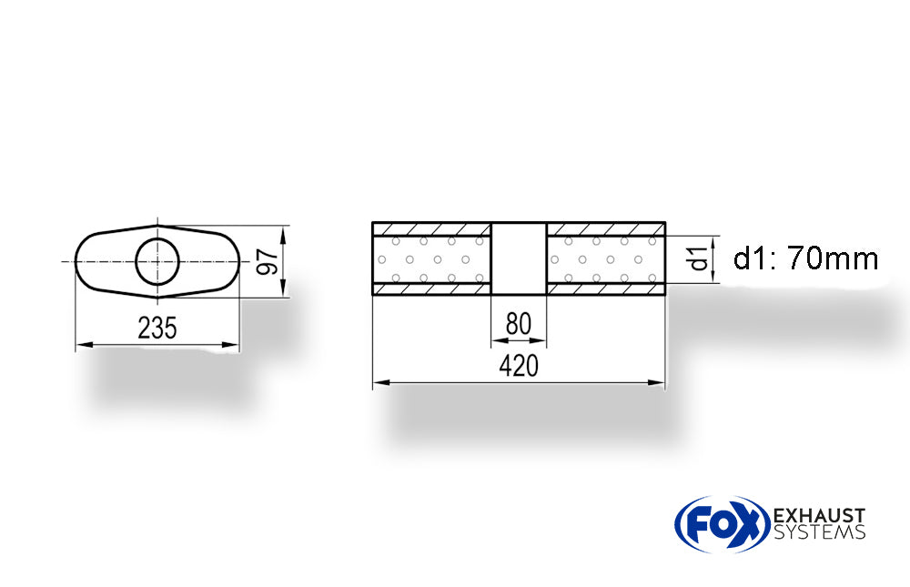 Fox Uni-Schalldämpfer Oval ohne Stutzen mit Kammer - Abw. 558 235x97mm, d1Ø 70mm (außen), Länge: 420mm