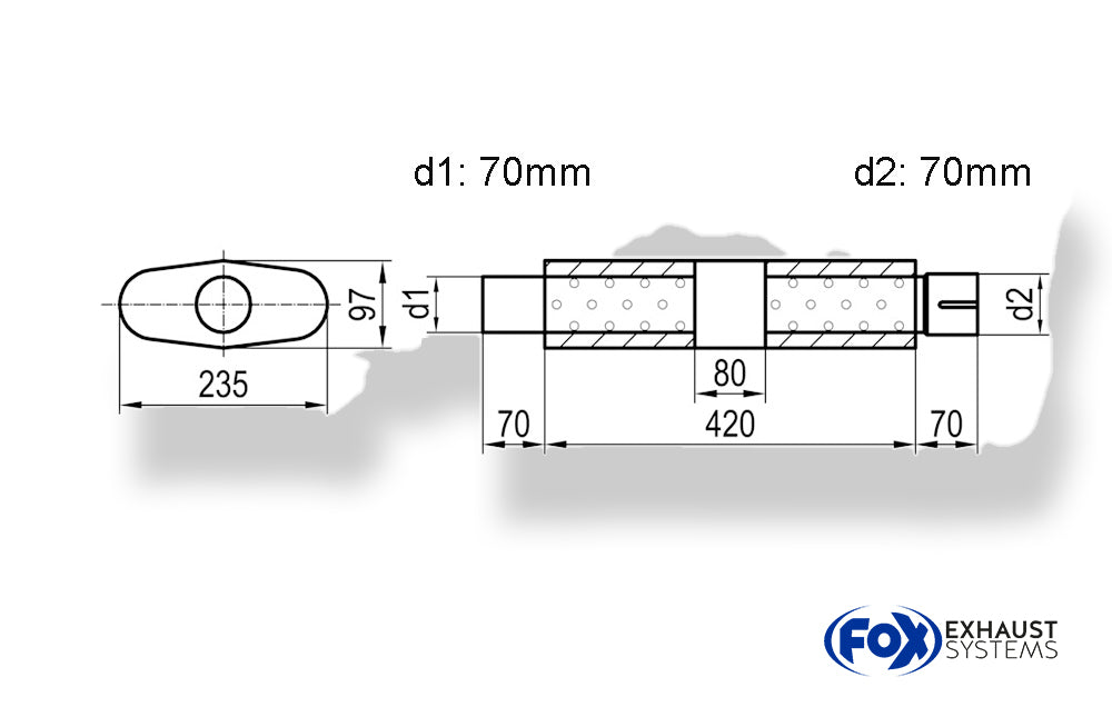 Fox Uni-Schalldämpfer oval mit Kammer + Stutzen - Abw. 558 235x97mm, d1Ø 70mm (außen), d2Ø 70mm (innen), Länge: 420mm