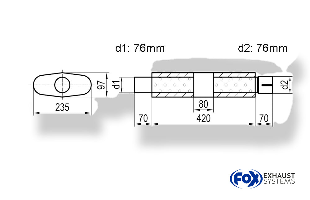 Fox Uni-Schalldämpfer oval mit Kammer + Stutzen - Abw. 558 235x97mm, d1Ø 76mm (außen), d2Ø 76mm (innen), Länge: 420mm