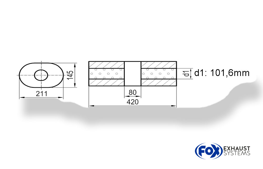 Fox Uni-Schalldämpfer Oval ohne Stutzen mit Kammer - Abw. 585 211x145mm, d1Ø 101,6mm (außen), Länge: 420mm