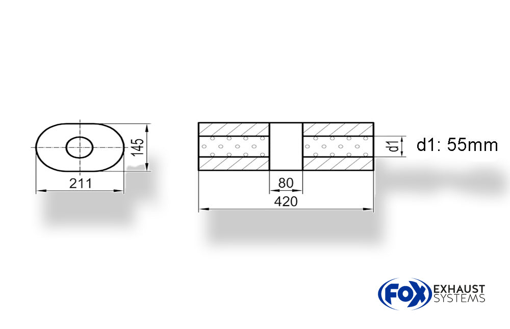 Fox Uni-Schalldämpfer Oval ohne Stutzen mit Kammer - Abw. 585 211x145mm, d1Ø 55mm (außen), Länge: 420mm