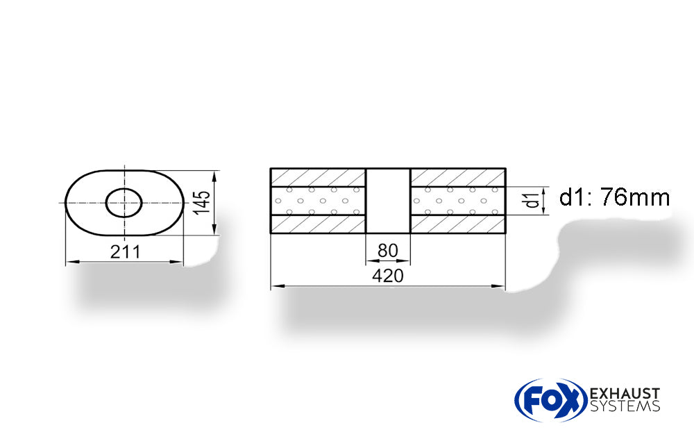 Fox Uni-Schalldämpfer Oval ohne Stutzen mit Kammer - Abw. 585 211x145mm, d1Ø 76mm (außen), Länge: 420mm