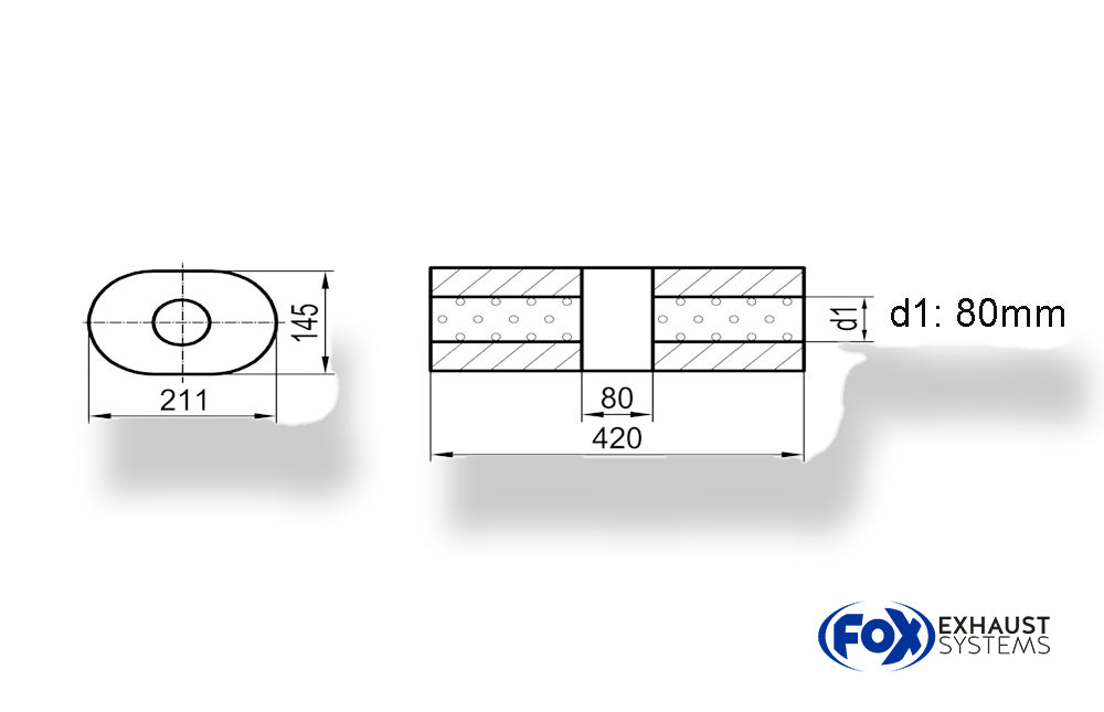Fox Uni-Schalldämpfer Oval ohne Stutzen mit Kammer - Abw. 585 211x145mm, d1Ø 80mm (außen), Länge: 420mm