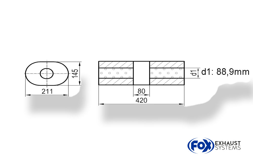 Fox Uni-Schalldämpfer Oval ohne Stutzen mit Kammer - Abw. 585 211x145mm, d1Ø 88,9mm (außen), Länge: 420mm