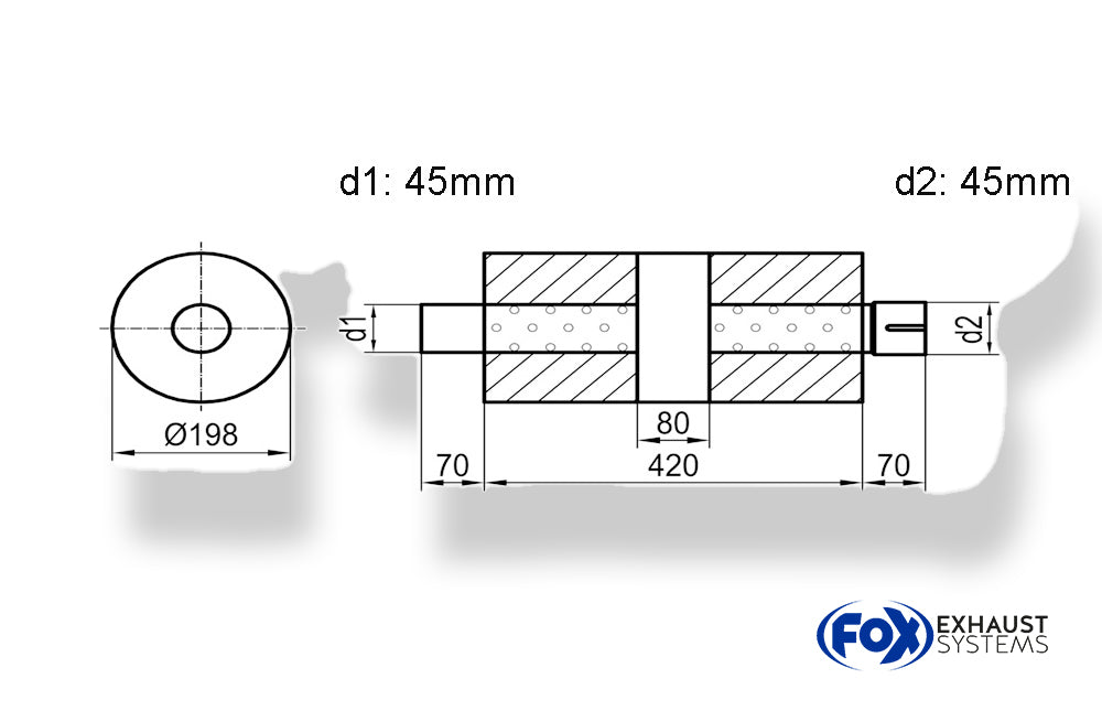 Fox Uni-Schalldämpfer rund  mit Kammer + Stutzen - Abw. 626 Ø 198mm, d1Ø 45mm (außen), d2Ø 45mm (innen), Länge: 420mm
