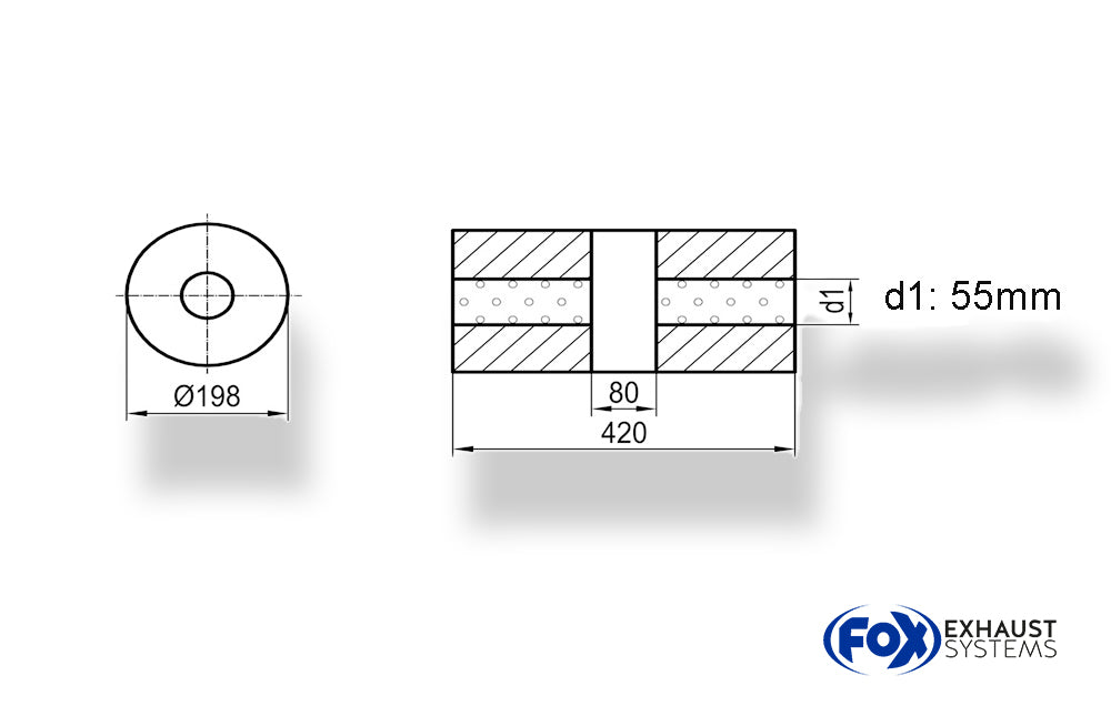 Fox Uni-Schalldämpfer rund ohne Stutzen mit Kammer - Abw. 626 Ø 198mm, d1Ø 55mm (außen), Länge: 420mm