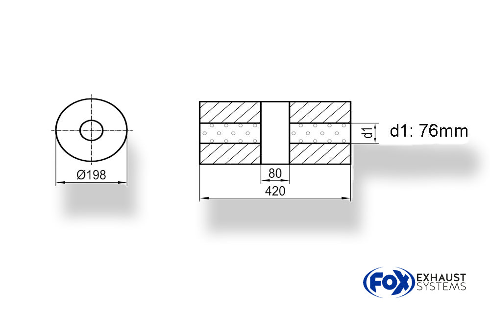 Fox Uni-Schalldämpfer rund ohne Stutzen mit Kammer - Abw. 626 Ø 198mm, d1Ø 76mm (außen), Länge: 420mm