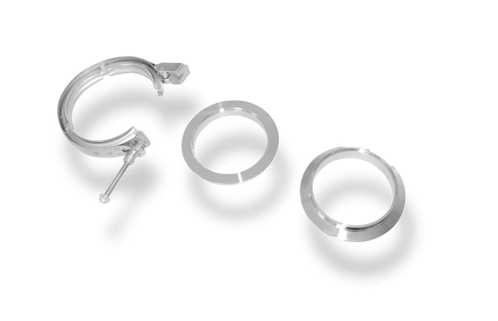 FoxV-Bandschelle Ø127mm - Set Dieses Set besteht aus:2x CNC gedrehte Edelstahl V-Band Flansche (männlich und weiblich) mit Nut für 5" / 127mm Rohre1x V-Band Schelle mit Schnellverschluss aus Edelstahl inkl. Spezialmutter