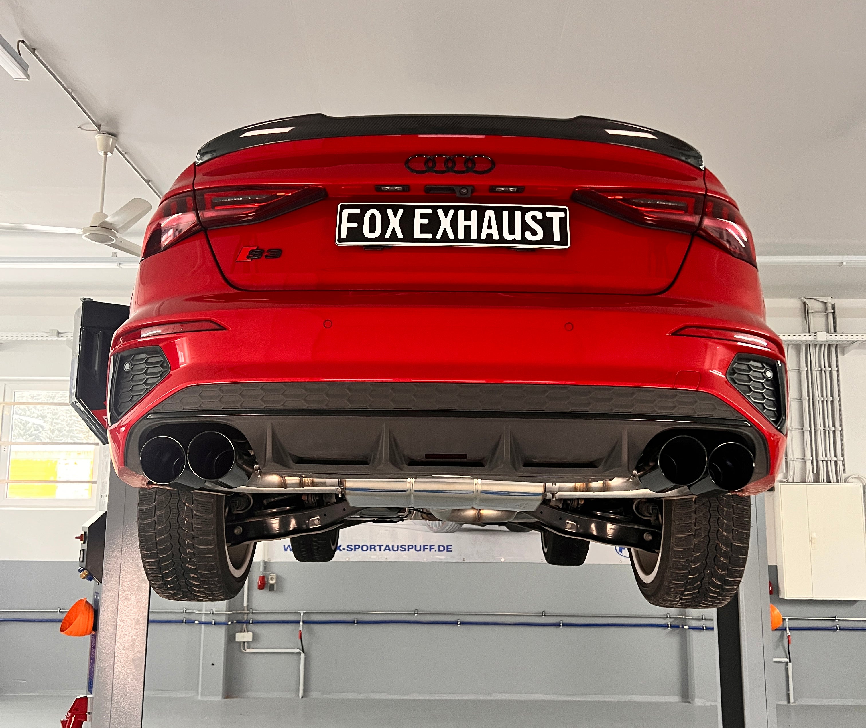 Fox passend fürAudi S3 GY - Limousine Halbanlage ab OPF mit Abgasklappen - 2x100 Typ 25 rechts/links Endrohre schwarz emalliert