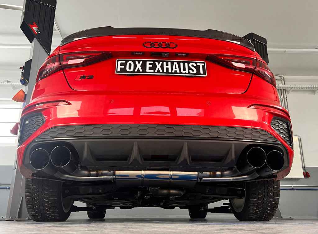 Fox passend fürAudi S3 GY - Limousine Halbanlage ab OPF mit Abgasklappen - 2x100 Typ 25 rechts/links Endrohre schwarz emalliert