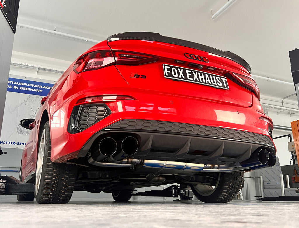 Fox passend fürAudi S3 GY - Limousine Halbanlage ab OPF mit Abgasklappen - 2x100 Typ 25 rechts/links Endrohre schwarz emalliert