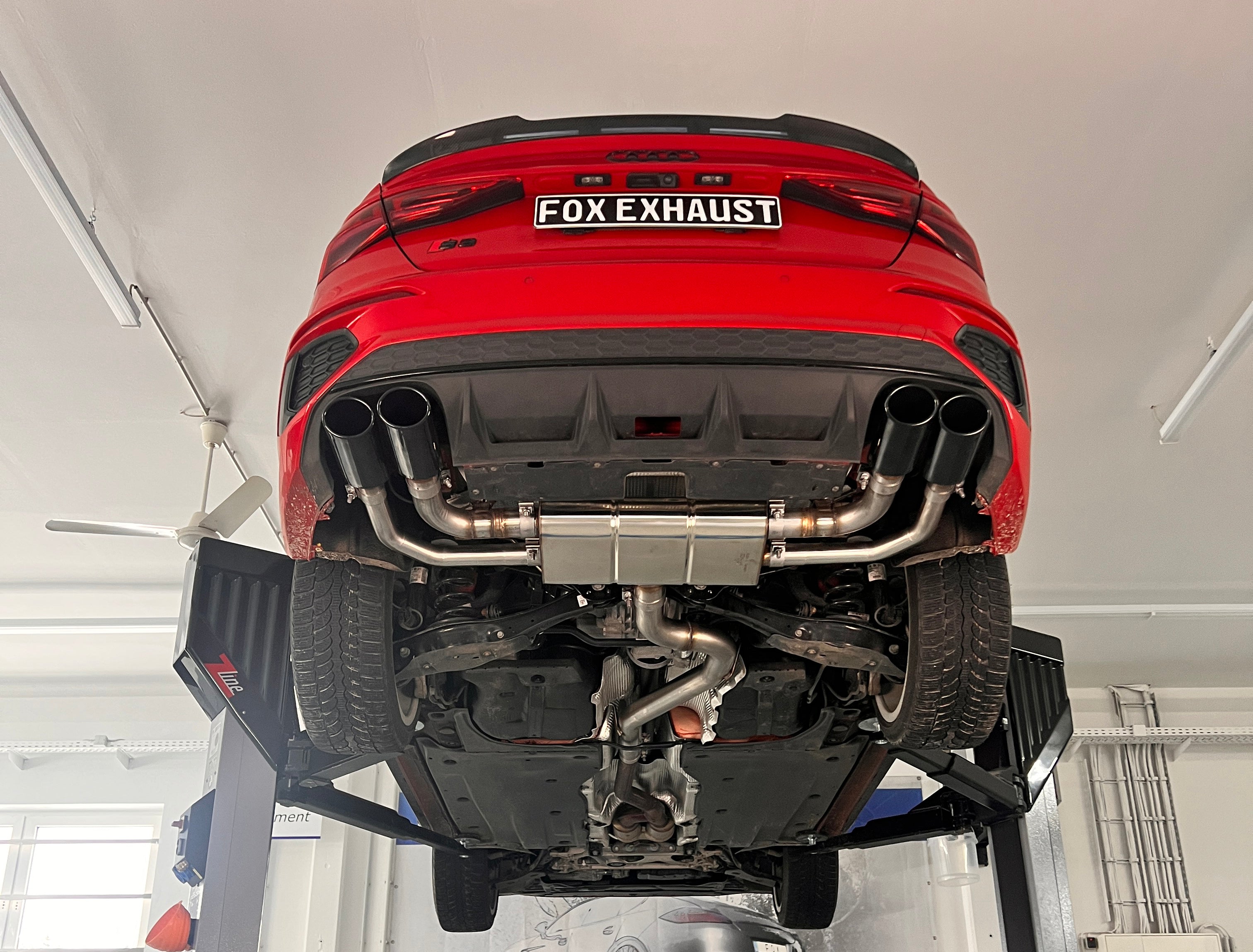 Fox passend für Audi S3 GY - Limousine Halbanlage ab OPF mit Abgasklappen - 2x106x71 Typ 32 rechts/links Endrohre schwarz emalliert