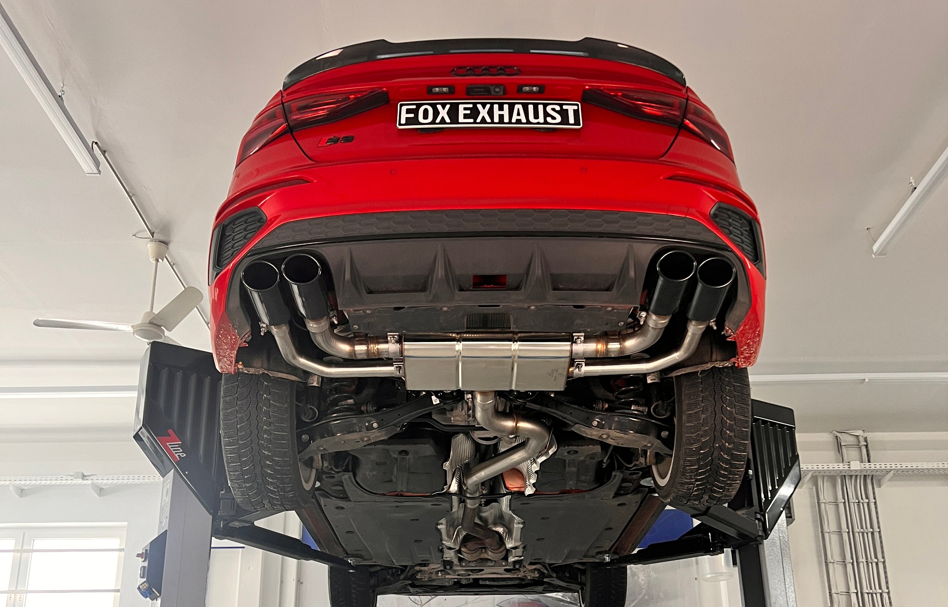 Fox passend fürAudi S3 GY - Limousine Halbanlage ab OPF mit Abgasklappen - 2x106x71 Typ 32 rechts/links Endrohre schwarz emalliert