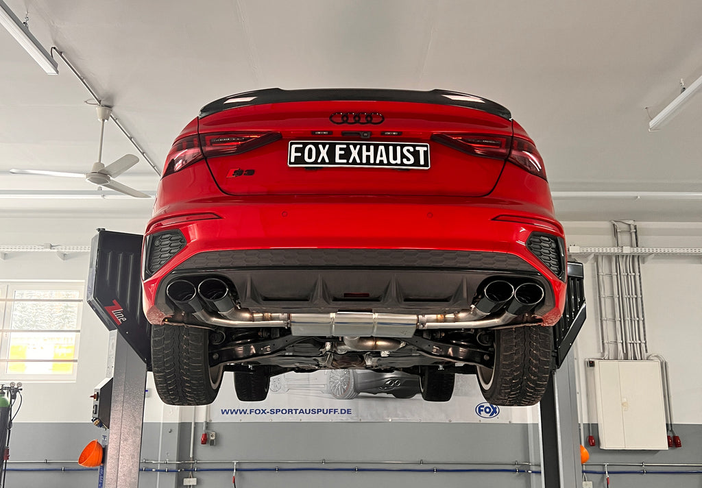 Fox passend fürAudi S3 GY - Limousine Halbanlage ab OPF mit Abgasklappen - 2x106x71 Typ 32 rechts/links Endrohre schwarz emalliert