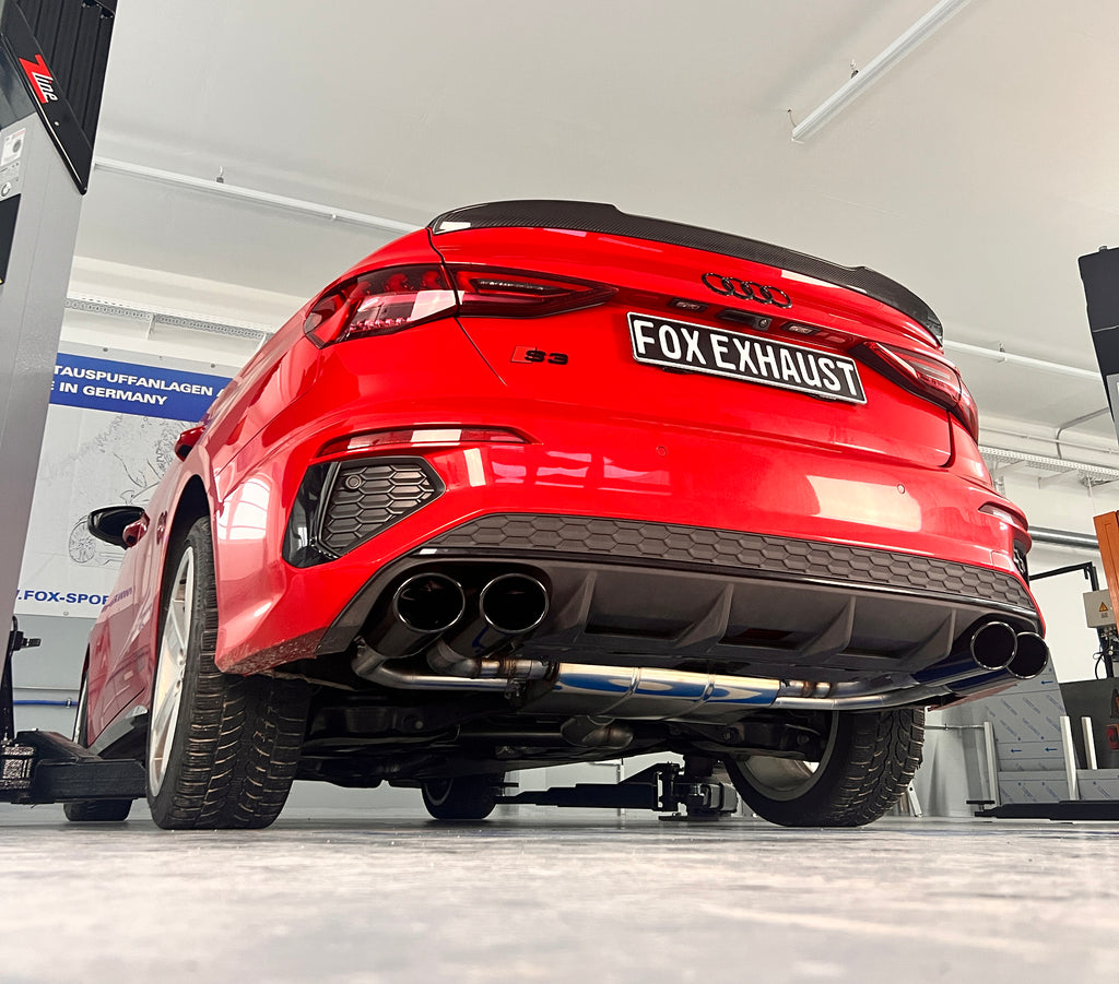 Fox passend fürAudi S3 GY - Limousine Halbanlage ab OPF mit Abgasklappen - 2x115x85 Typ 32 rechts/links Endrohre schwarz emalliert
