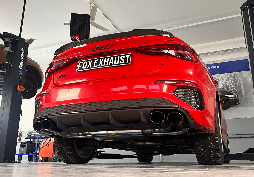 Fox passend für Audi S3 GY - Limousine Halbanlage ab OPF mit Abgasklappen - 2x115x85 Typ 32 rechts/links Endrohre schwarz emalliert