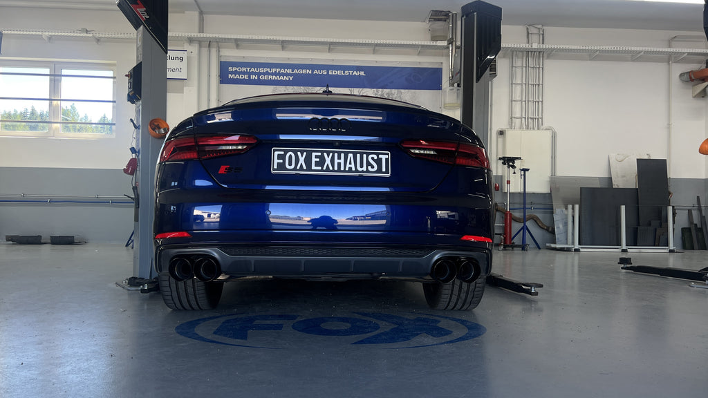Fox passend für Audi S4/ S5 - B9 Endschalldämpfer rechts/links mit Abgasklappen, Mittelschalldämpfer und Vorschalldämpfer  - 2x100 Typ 25 rechts/links mit schwarz emallierten Endrohren