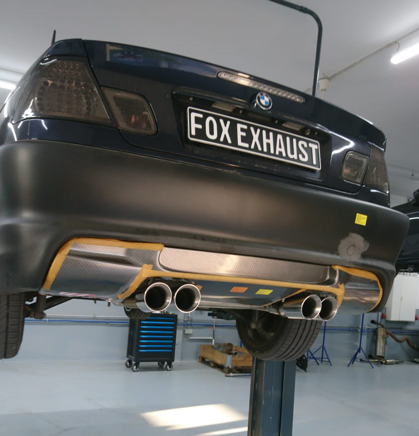 Fox passend fürBMW E46 320/ 323/ 325/ 328/ 330 M3-Optik V2 Endschalldämpfer Ausgang zentriert - 4x90mm Typ 25 mittig Variante 2
