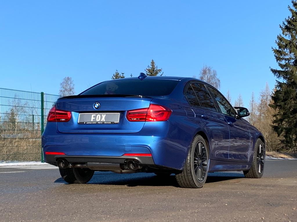 Fox passend fürBMW F30/31 - 330i/ 340i xDrive Endschalldämpfer quer Ausgang rechts/links - 1x100 Typ 25 rechts/links schwarz - mit Abgasklappe im linken Endrohr - Passend an Rieger Heckansatz RIE00088122