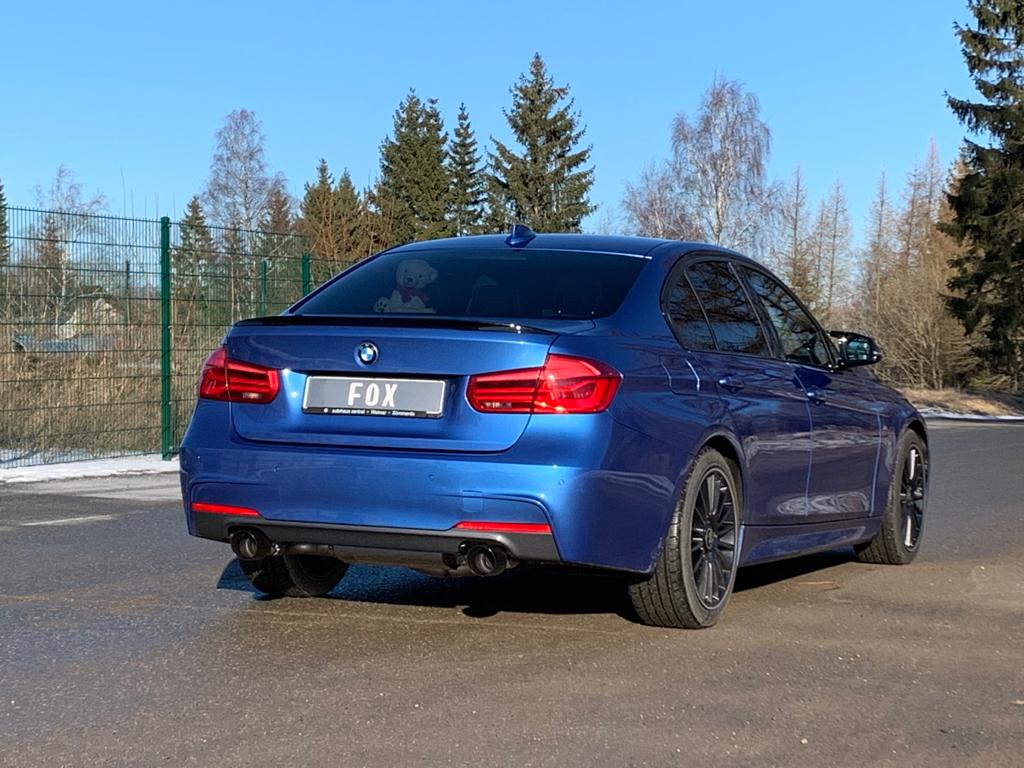 Fox passend für BMW F30/31 - 330i/ 340i xDrive Endschalldämpfer quer Ausgang rechts/links - 1x100 Typ 25 rechts/links schwarz - mit Abgasklappe im linken Endrohr - Passend an Rieger Heckansatz RIE00088122