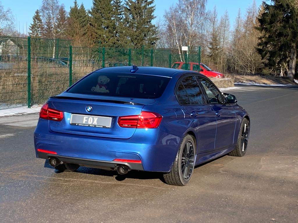 Fox passend fürBMW F30/31 - 330i/ 340i xDrive Endschalldämpfer quer Ausgang rechts/links - 1x100 Typ 25 rechts/links schwarz - mit Abgasklappe im linken Endrohr - Passend an Rieger Heckansatz RIE00088122