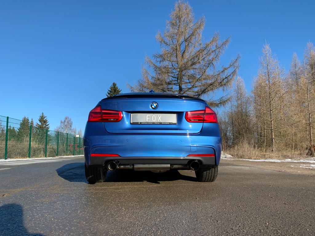 Fox passend fürBMW F30/31 - 330i/ 340i xDrive Endschalldämpfer quer Ausgang rechts/links - 1x100 Typ 25 rechts/links schwarz - mit Abgasklappe im linken Endrohr - Passend an Rieger Heckansatz RIE00088122