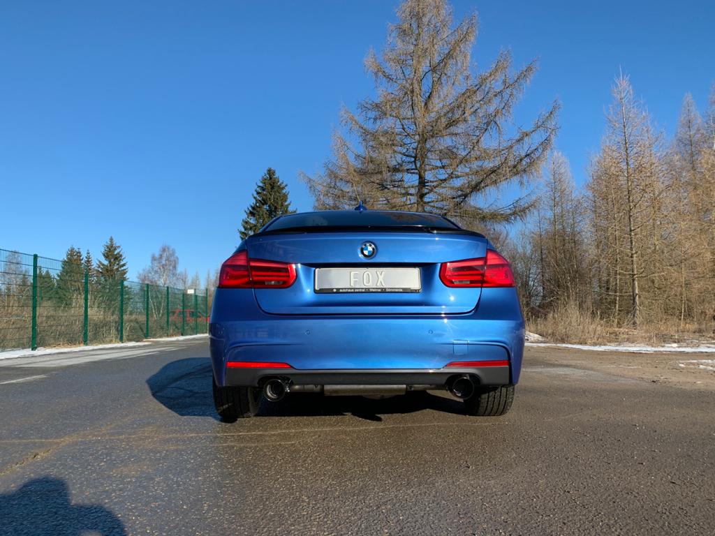 Fox passend fürBMW F30/31 - 330i/ 340i xDrive Endschalldämpfer quer Ausgang rechts/links - 1x100 Typ 25 rechts/links schwarz - mit Abgasklappe im linken Endrohr - Passend an Rieger Heckansatz RIE00088122