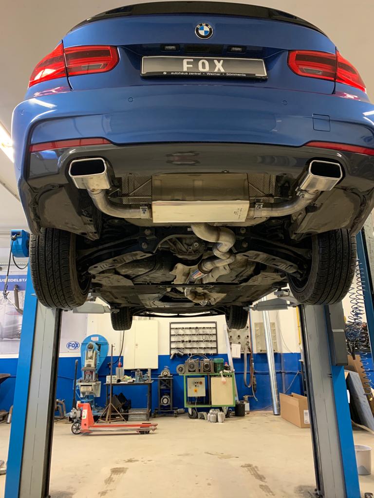 Fox passend fürBMW F30/31 - 330i/ 340i xDrive Endschalldämpfer quer Ausgang rechts/links - 145x65 Typ 59 rechts/links - mit Abgasklappe im linken Endrohr