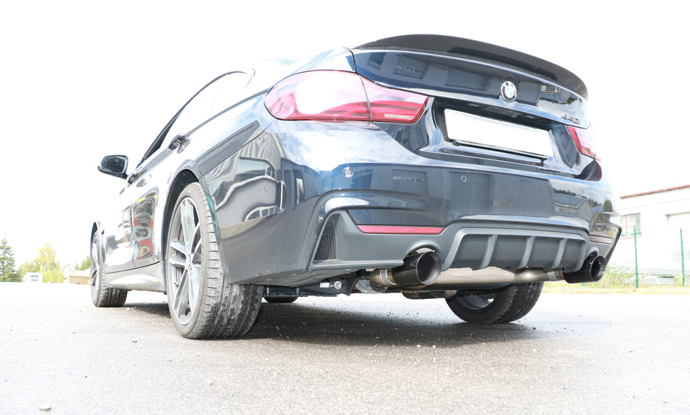 Fox passend fürBMW F36 - 440i xDrive Grand Coupe - M-Paket Endschalldämpfer quer Ausgang rechts/links - 1x100 Typ 25 rechts/links schwarz emalliert - mit Abgasklappe im linken Endrohr