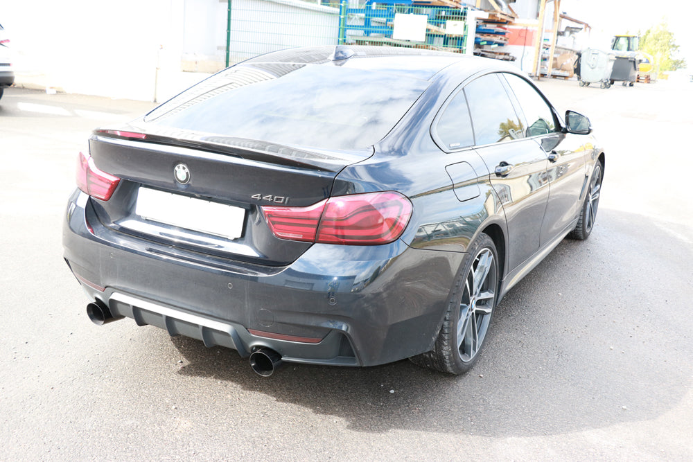 Fox passend fürBMW F36 - 440i xDrive Grand Coupe - M-Paket Endschalldämpfer quer Ausgang rechts/links - 1x100 Typ 25 rechts/links schwarz emalliert - mit Abgasklappe im linken Endrohr