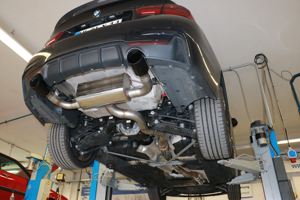 Fox passend fürBMW F36 - 440i xDrive Grand Coupe - M-Paket Endschalldämpfer quer Ausgang rechts/links - 1x100 Typ 25 rechts/links schwarz emalliert - mit Abgasklappe im linken Endrohr