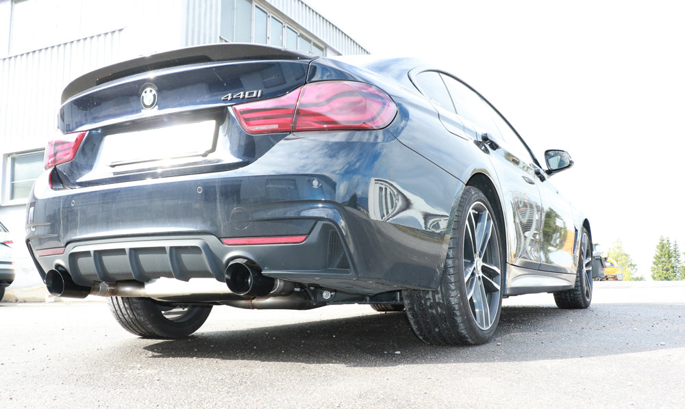 Fox passend fürBMW F36 - 440i xDrive Grand Coupe - M-Paket Endschalldämpfer quer Ausgang rechts/links - 1x100 Typ 25 rechts/links schwarz emalliert - mit Abgasklappe im linken Endrohr