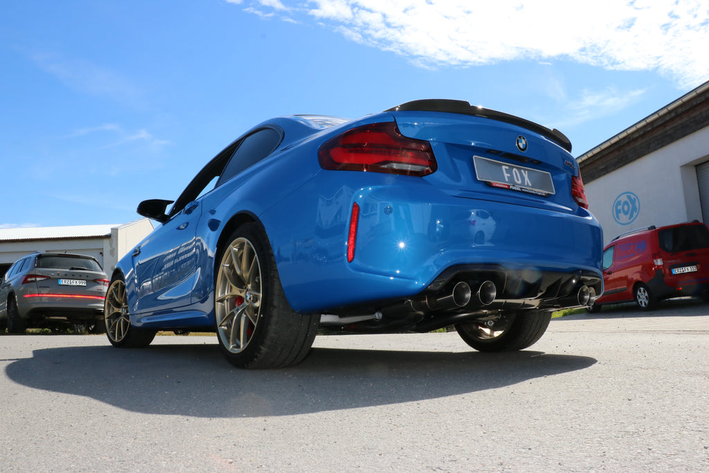 Fox passend fürBMW F87 M2 Competition + CS Endschalldämpfer quer Ausgang rechts/links mit 2 Abgasklappen - 2x90 Typ 25 rechts/links