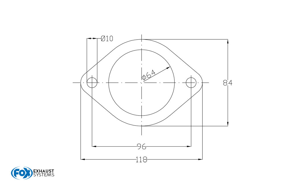 Fox 2-Loch-Flansch - Rohteil Maße: 118mm x 84mm  Innenloch: Ø64mm    Schraubenloch: Ø10   Stichmaß: 96mm  Dicke: 8mm    Material 1.4301
