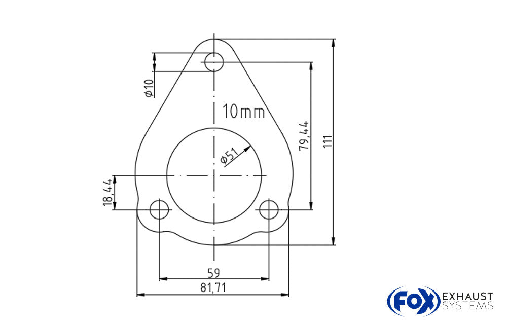 Fox 3-Loch-Flansch Innenloch: Ø51mm - Stichmaß: 59mm - Schraubloch: 10mm - Dicke: 10mm Material 1.4301