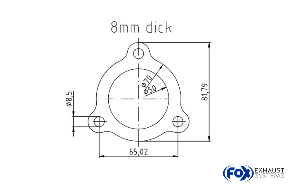 Fox 3-Loch-Flansch Innenloch: Ø50mm - Stichmaß: 65mm - Schraubloch: 8,5mm - Dicke: 8mm Material 1.4301