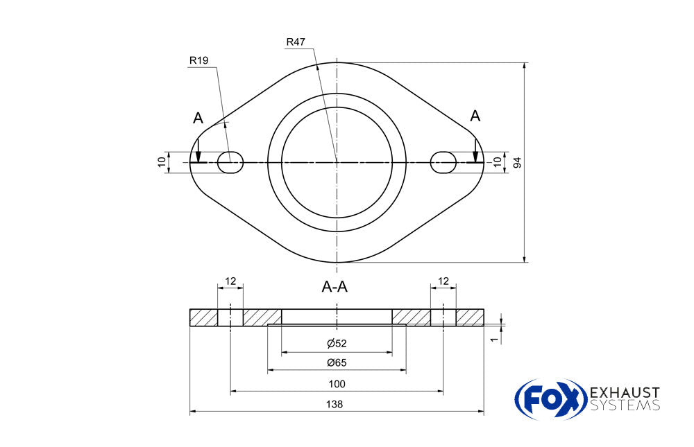 Fox2-Loch-Flansch Maße: 105mm x 95mm - Stichmaß: 105mm mit Fase 5x45° - Innenloch: Ø67mm - Schraubenloch Ø16mm - Dicke: 8mm - Material 1.4301