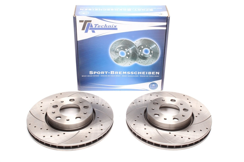 TA Technix Sport Bremsscheiben Satz Vorderachse gelocht + geschlitzt + innenbelüftet für Volvo S60 I/ S80 I/ V70 II/ XC 70 Cross Country